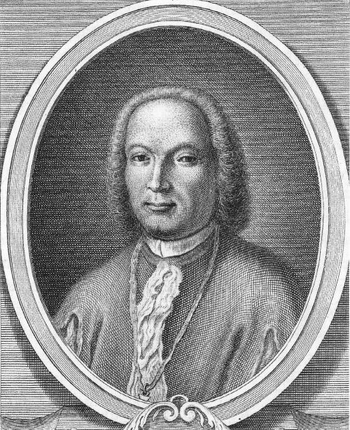A black and white print of man with high forehead and shoulder length curly hair. Drees with a coat and shirt in the 18th century style