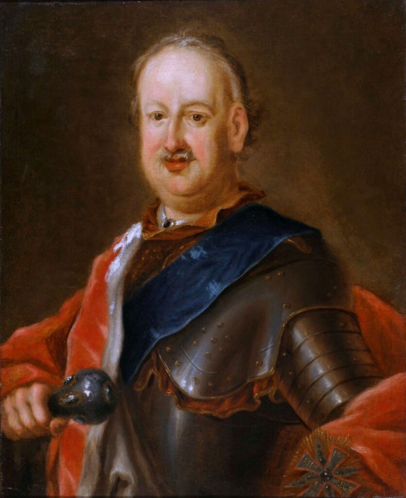 A coloured oil painting of a man with receding hairline, Dressed in armour with a red cloak draped over his right shoulder