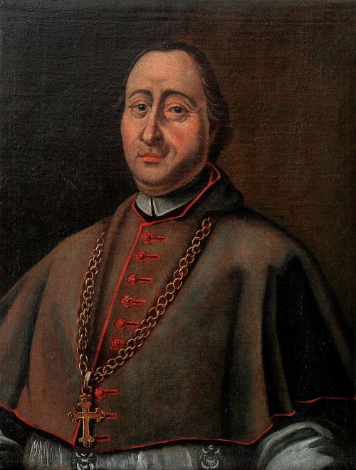 Man dressed in priestly robes with a gold crucifix hanging from a chain around his neck.