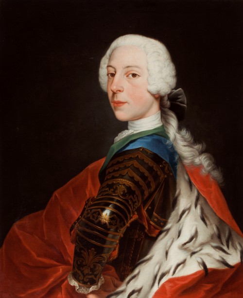 Oil on canvas portrait of a young man, a royal prince in a powdered grey wig. He is wearing armour, a blue sash over his left should and a red cloak over his right shoulder that is trimmed with ermine