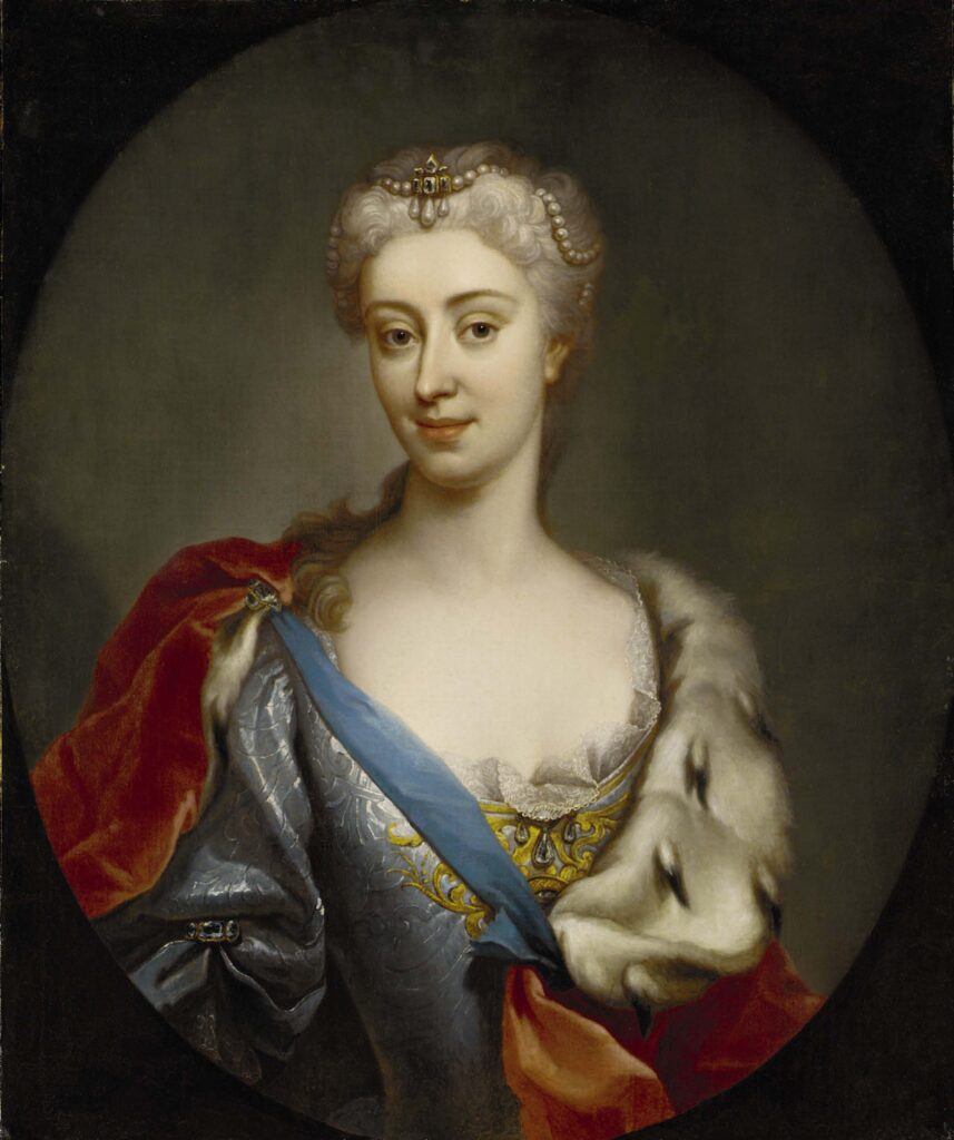 An oil on colour portrait of a young queen with porcelain skin wearing a low cut dress. She has a blue sash over her right shoulder and a red ermine trimmed cloak over her right shoulder