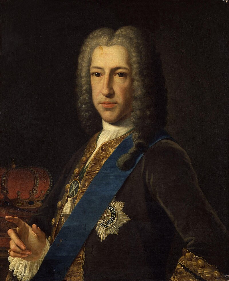 Oil on canvas of a king dressed in royal regalia wearing the a blue sash on his left shoulder