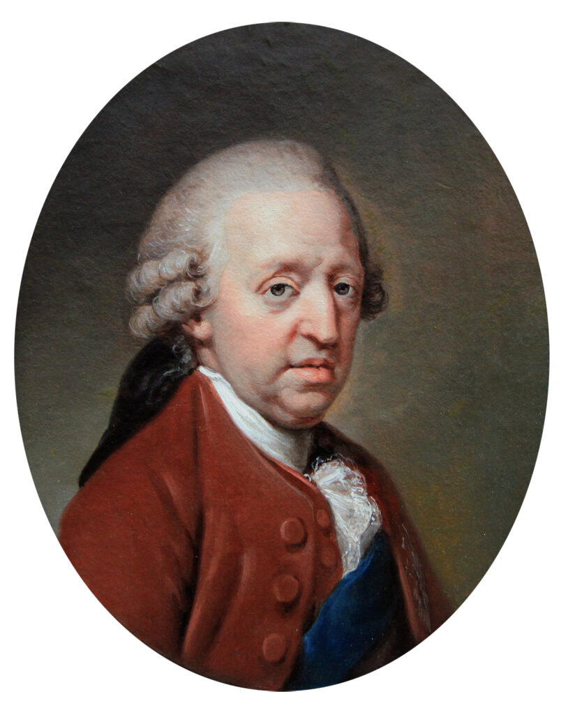 oil on canvas image of an older man with grey powdered wig in a red jacket
