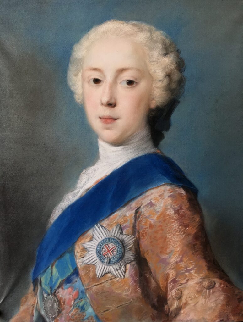 pastel on paper of a young teenage prince with powdered hair wearing a jacket and blue sash