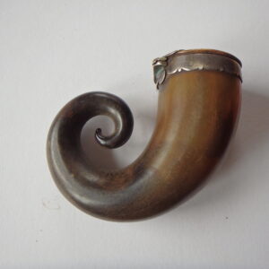 A coloured photograph of a small horn object that curls at the end. The top of the horn has a decorative silver lid