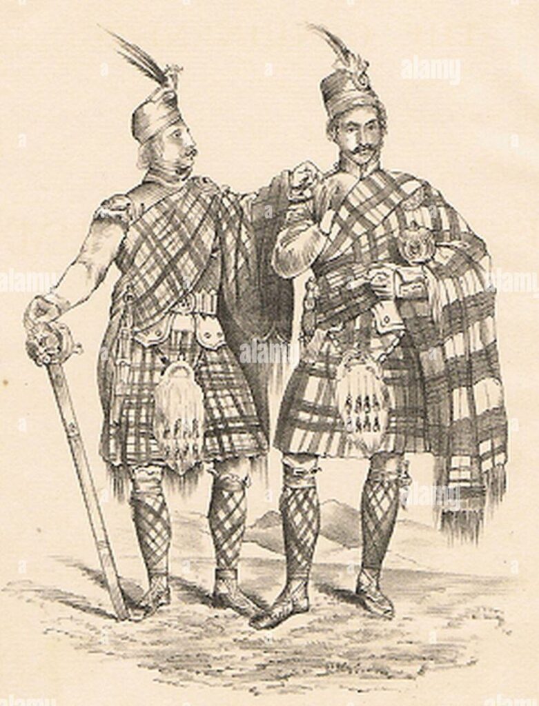 Black and white sketch of two men in Highland dreass with swords